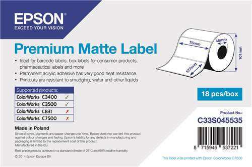 Epson Premium Matte Label - 76 x 127mm Blanc