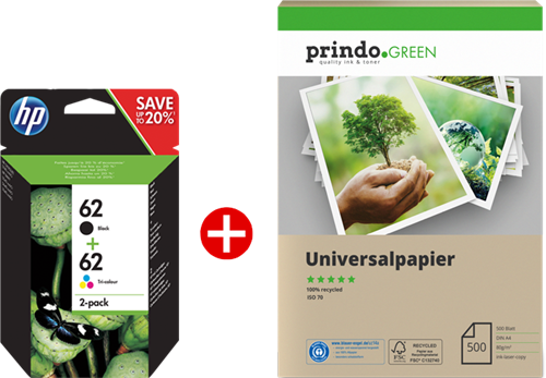 HP 62 Noir(e) / Plusieurs couleurs Value Pack + Prindo Green Recyclingpapier 500 Blatt