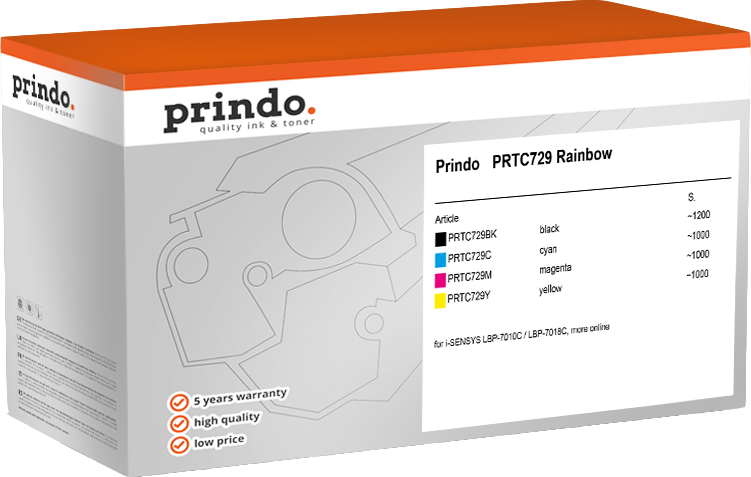 Prindo PRTC729 Rainbow Noir(e) / Cyan / Magenta / Jaune Value Pack